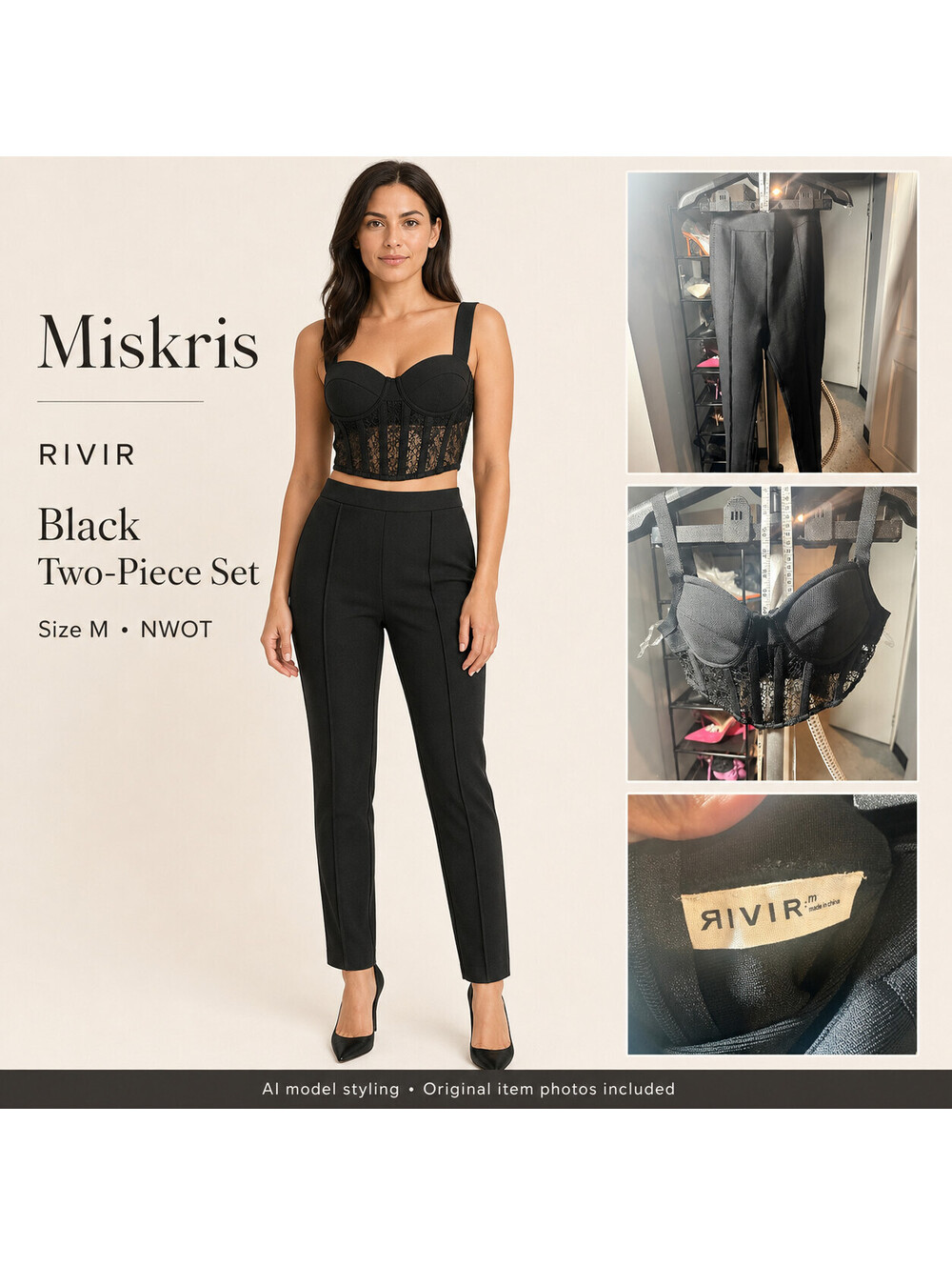 RIVIR Black Lace Corset Bustier Top Pants Set Medium 2 Piece Outfit NWOT